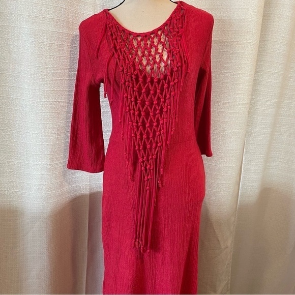 ZARA Women's Red Crochet Knotted Bib Maxi Dress 3/4 Sleeve Sz S - Picture 3 of 10
